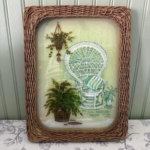 VTG 70s Rattan Frame Peacock Chair Plants Boho Reverse Paint Wall Art 10x13